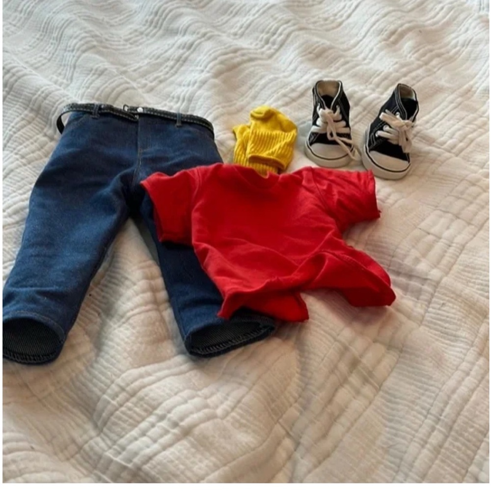 American Girl Red Top and Blue Jeans Set with Black Sneakers